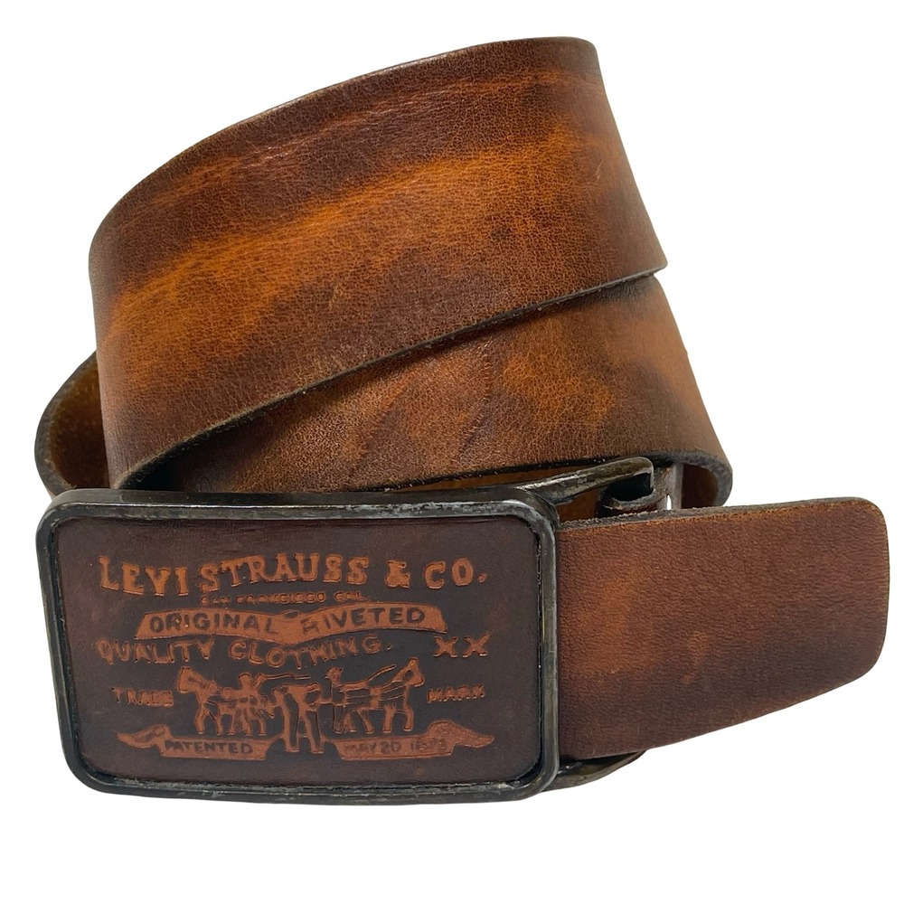 Vintage Levi's Leather Belt Mens 36" Brown Handstained Lattigo Plaque Buckle 70s